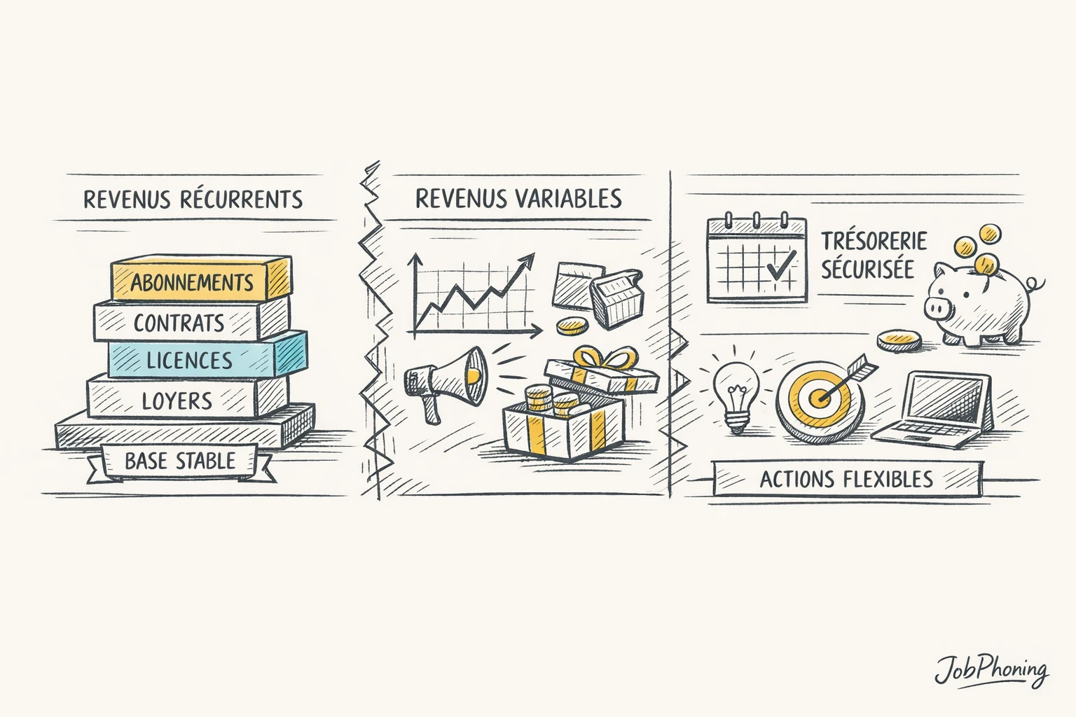 Schéma représentant la gestion de revenus irréguliers via un flux d’étapes budgétaires bleues et jaunes