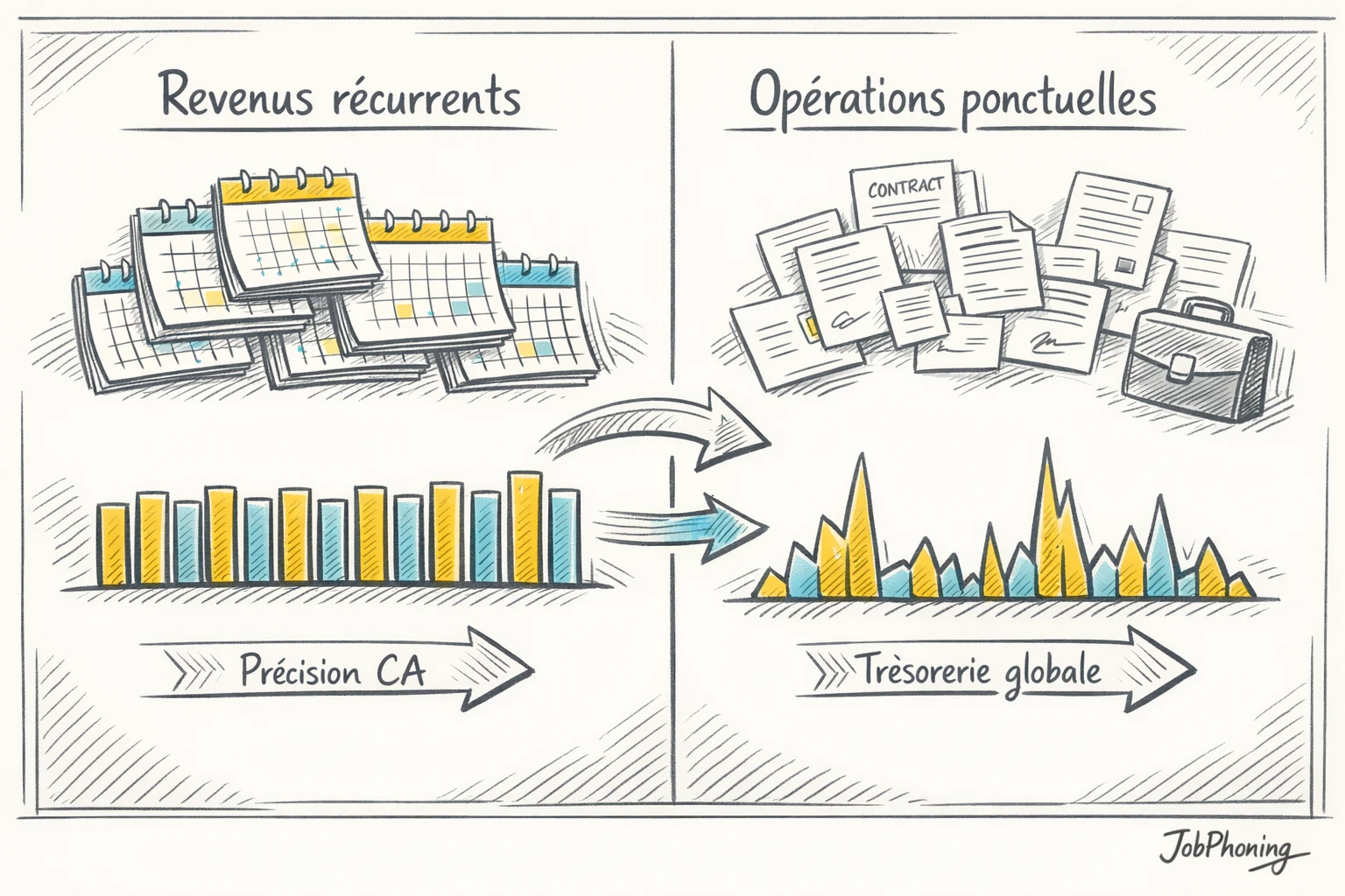 Infographie représentant l’intégration de revenus variables via deux canaux colorés convergeant vers un tableau de