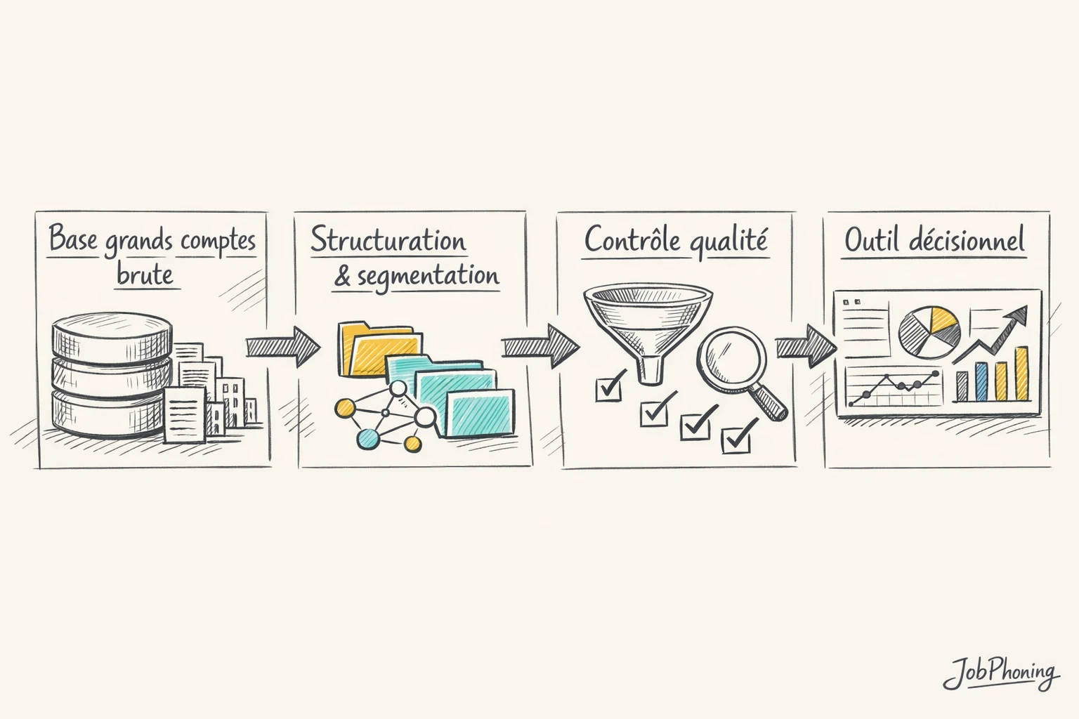 Schéma représentant l’organisation d’un fichier grands comptes via rectangles reliés et flèches séquentielles bleu et