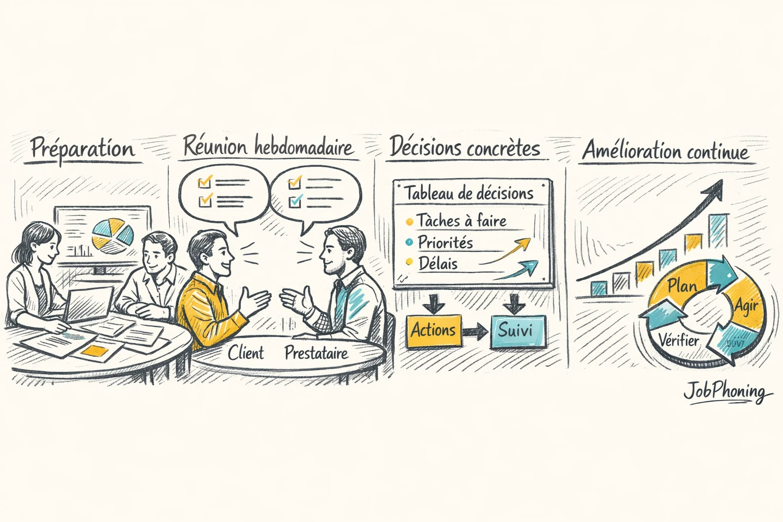 Schéma représentant un rituel hebdomadaire de pilotage via étapes en blocs reliés et flèches.