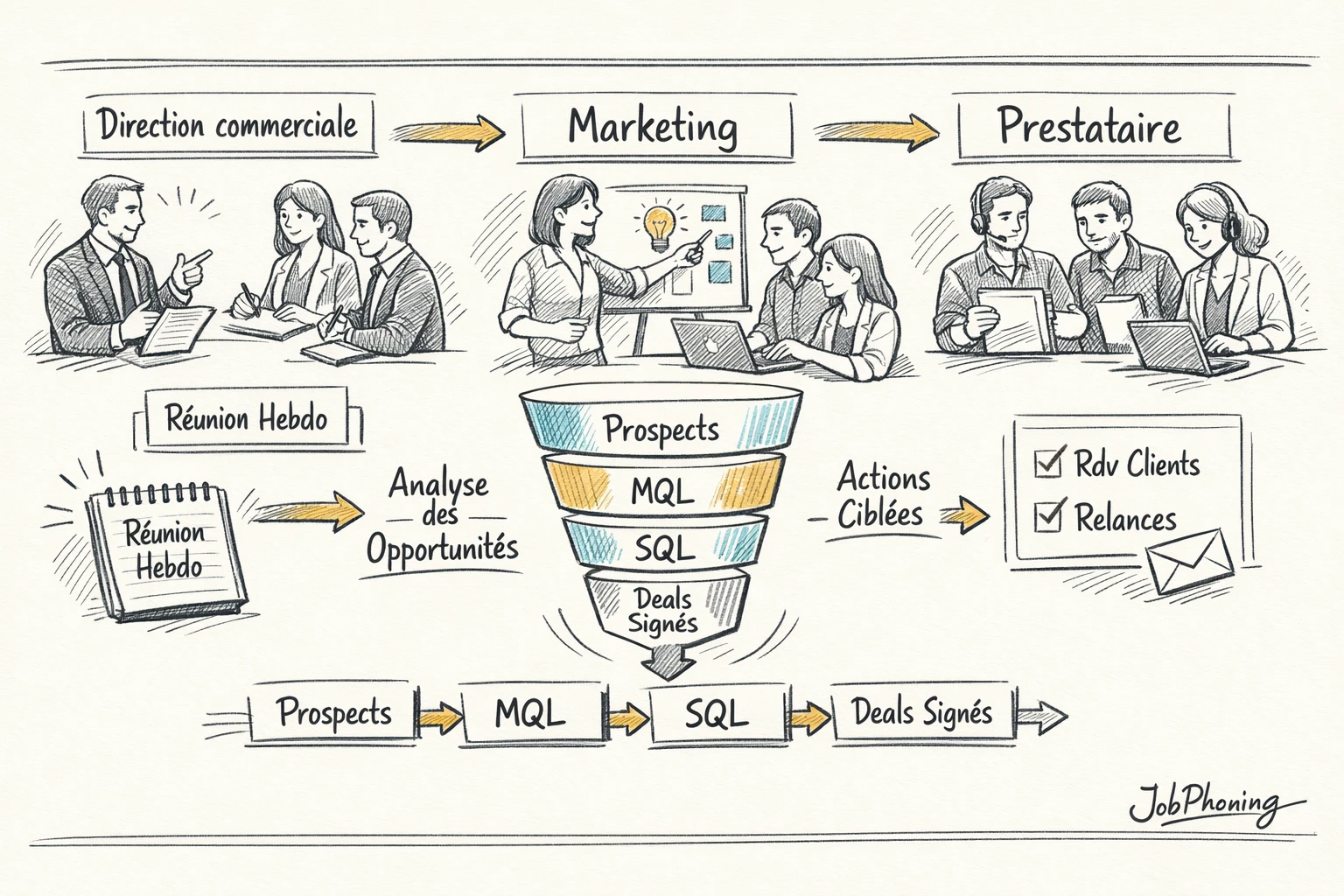 Schéma représentant la coordination hebdomadaire via un cercle central relié à trois pôles et à