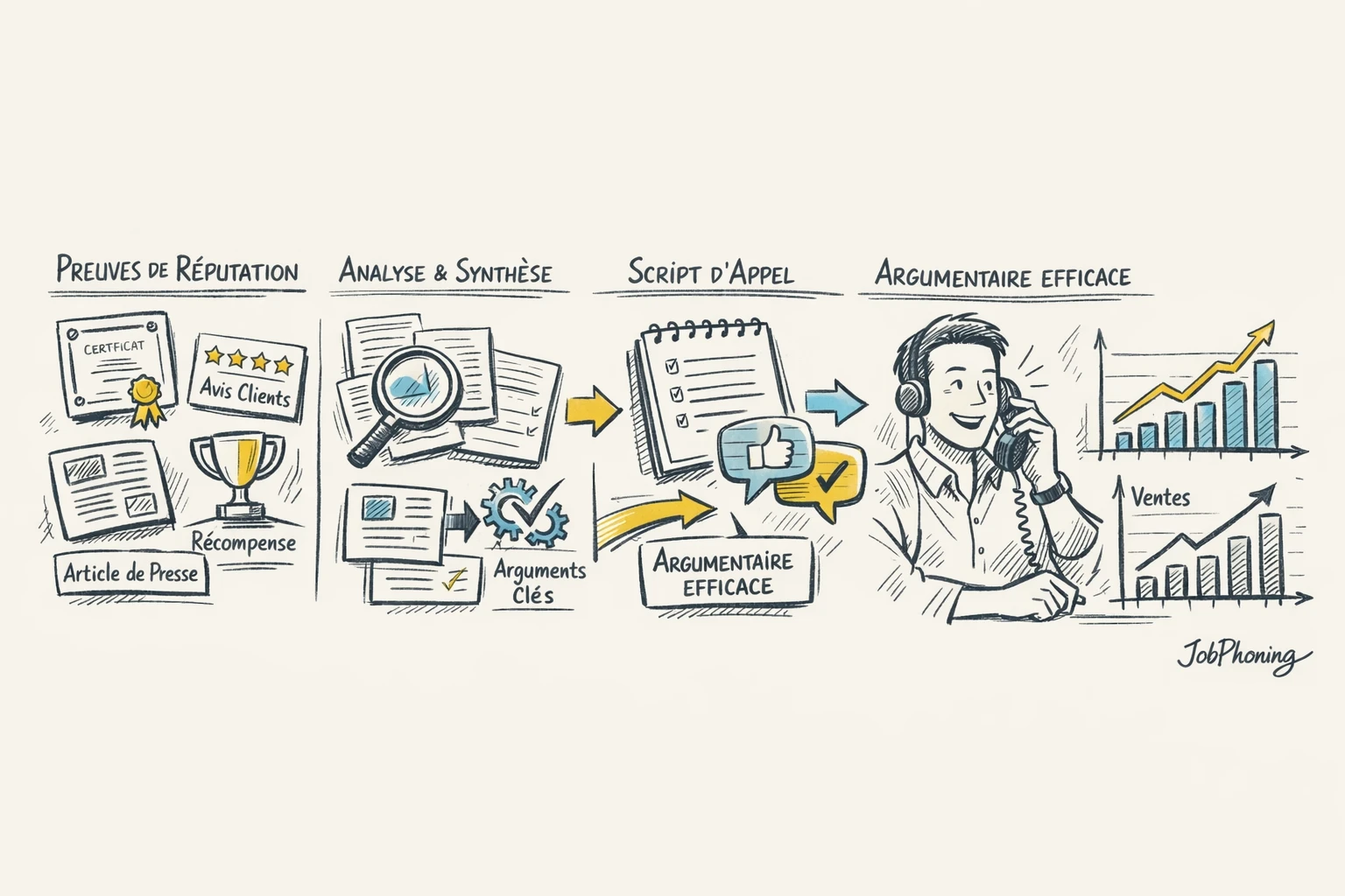 Schéma représentant la structuration d’une réputation en arguments téléphoniques via blocs reliés et flèches successives.