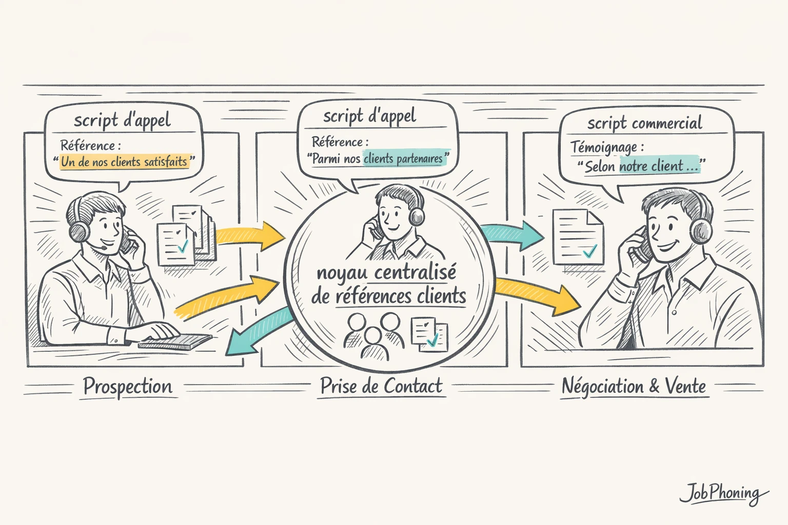 Infographie représentant l’intégration de la preuve sociale via un hub central relié à plusieurs blocs