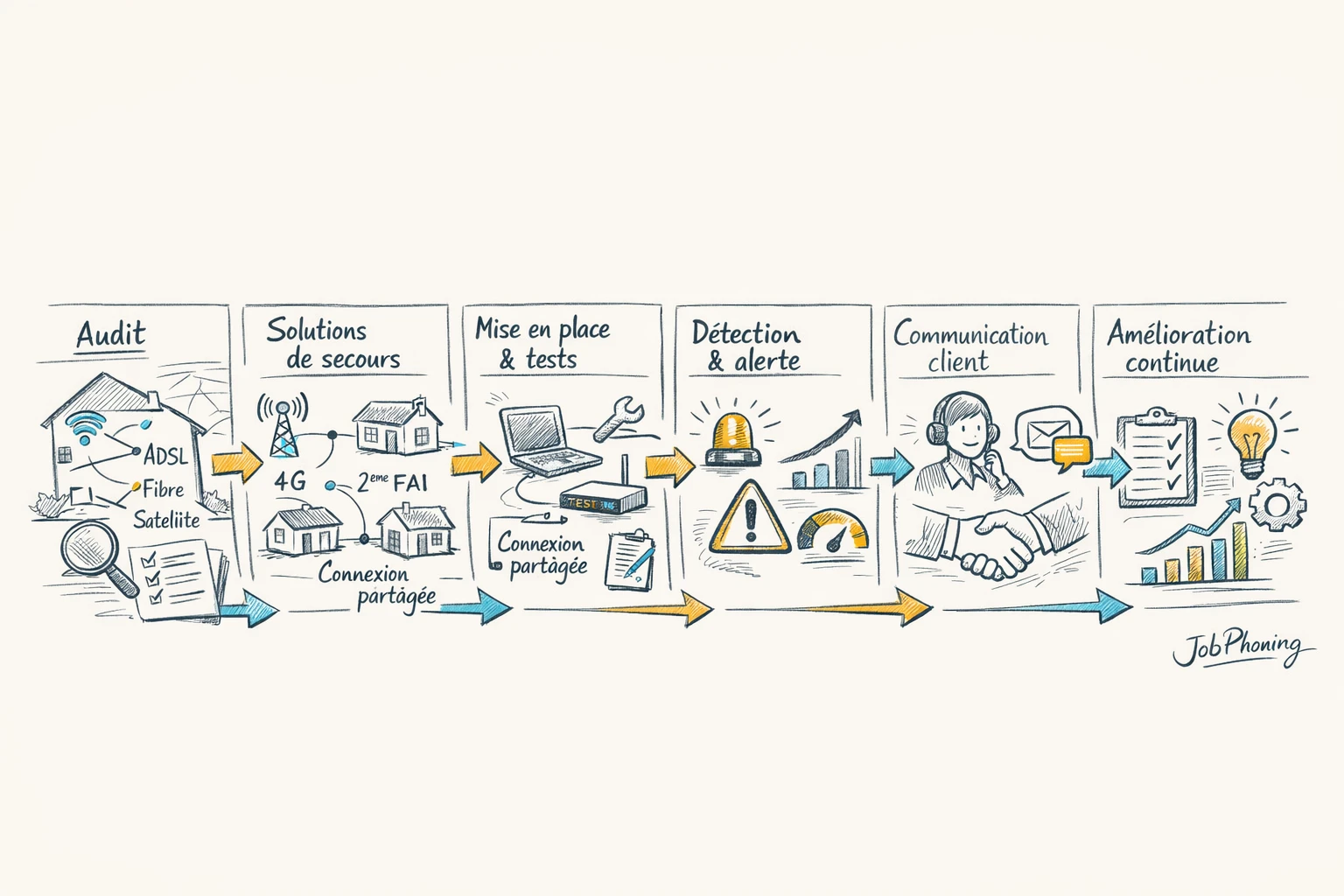 Schéma représentant un plan de continuité Internet via blocs connectés et flèches séquencées