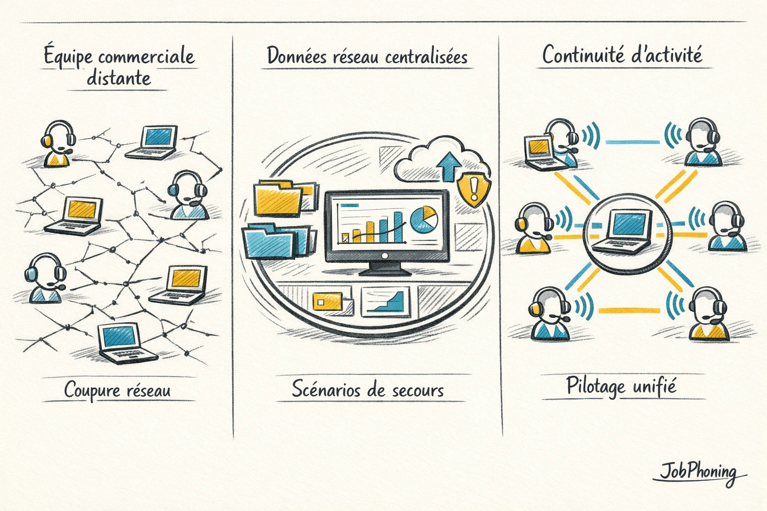 Schéma représentant la gestion proactive des coupures réseau via un hub central et plusieurs nœuds
