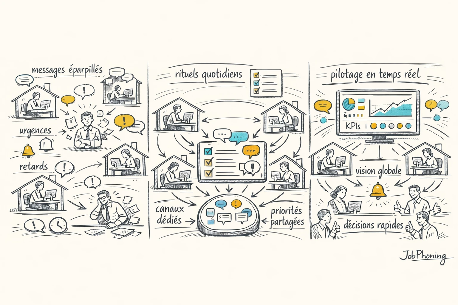 Schéma représentant l’organisation des échanges quotidiens via un noyau central connecté à plusieurs nœuds géométriques