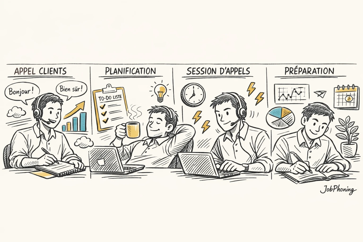 Schéma représentant l’organisation d’horaires homeshoring via blocs d’appels, pauses et analyse centralisée.