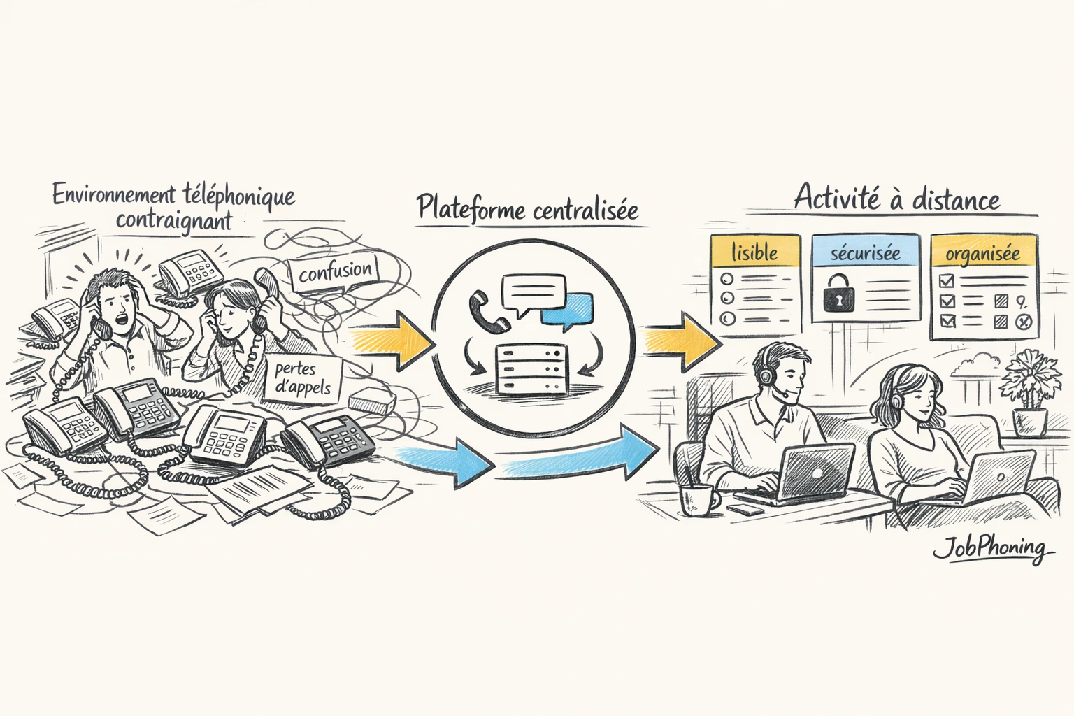 Infographie représentant la transition vers le homeshoring via un entonnoir reliant blocs dispersés et réseau