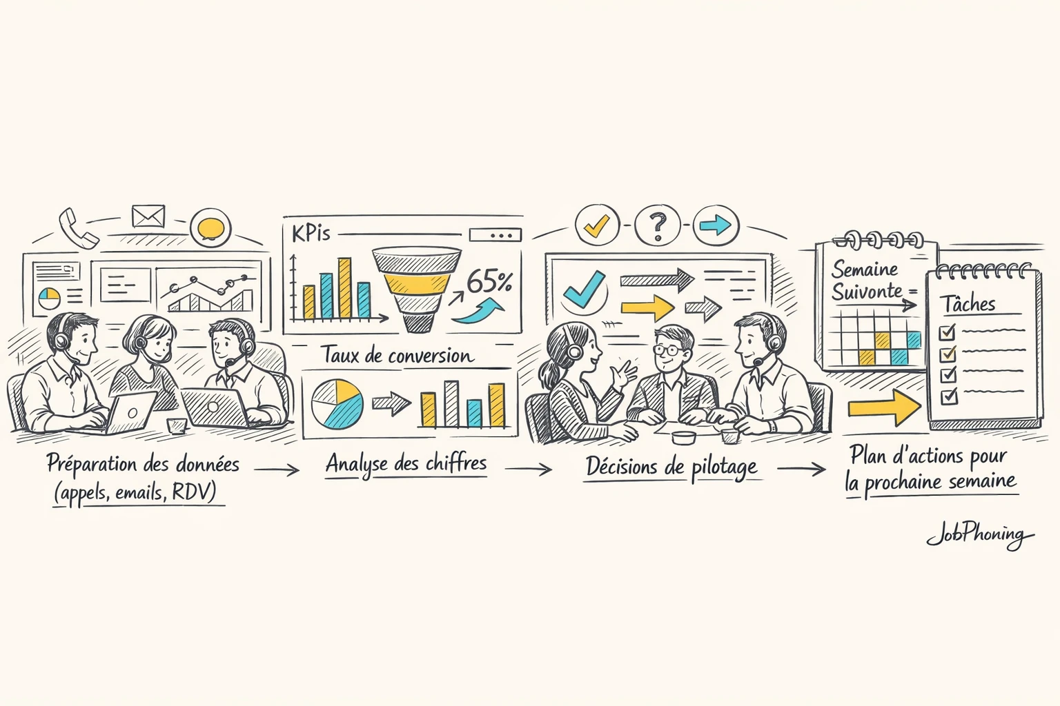Schéma représentant le rituel hebdomadaire de suivi commercial via blocs reliés et flèches séquentielles.