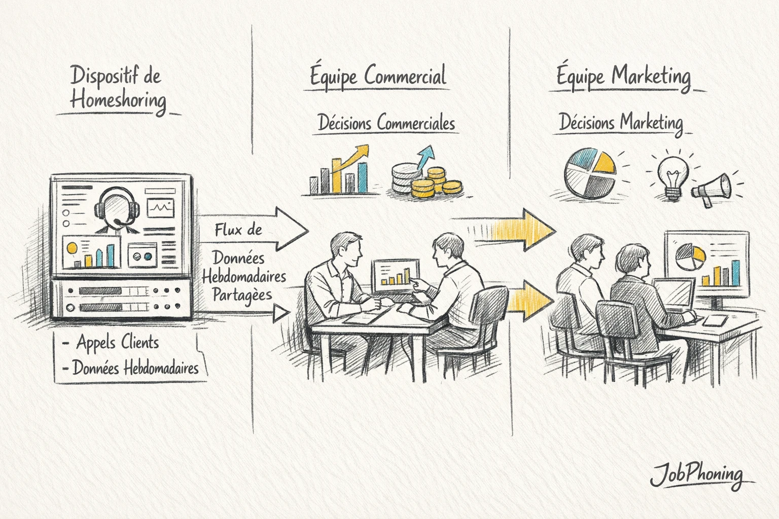 Schéma représentant l’intégration du homeshoring via un noyau central relié à plusieurs tableaux rectangulaires
