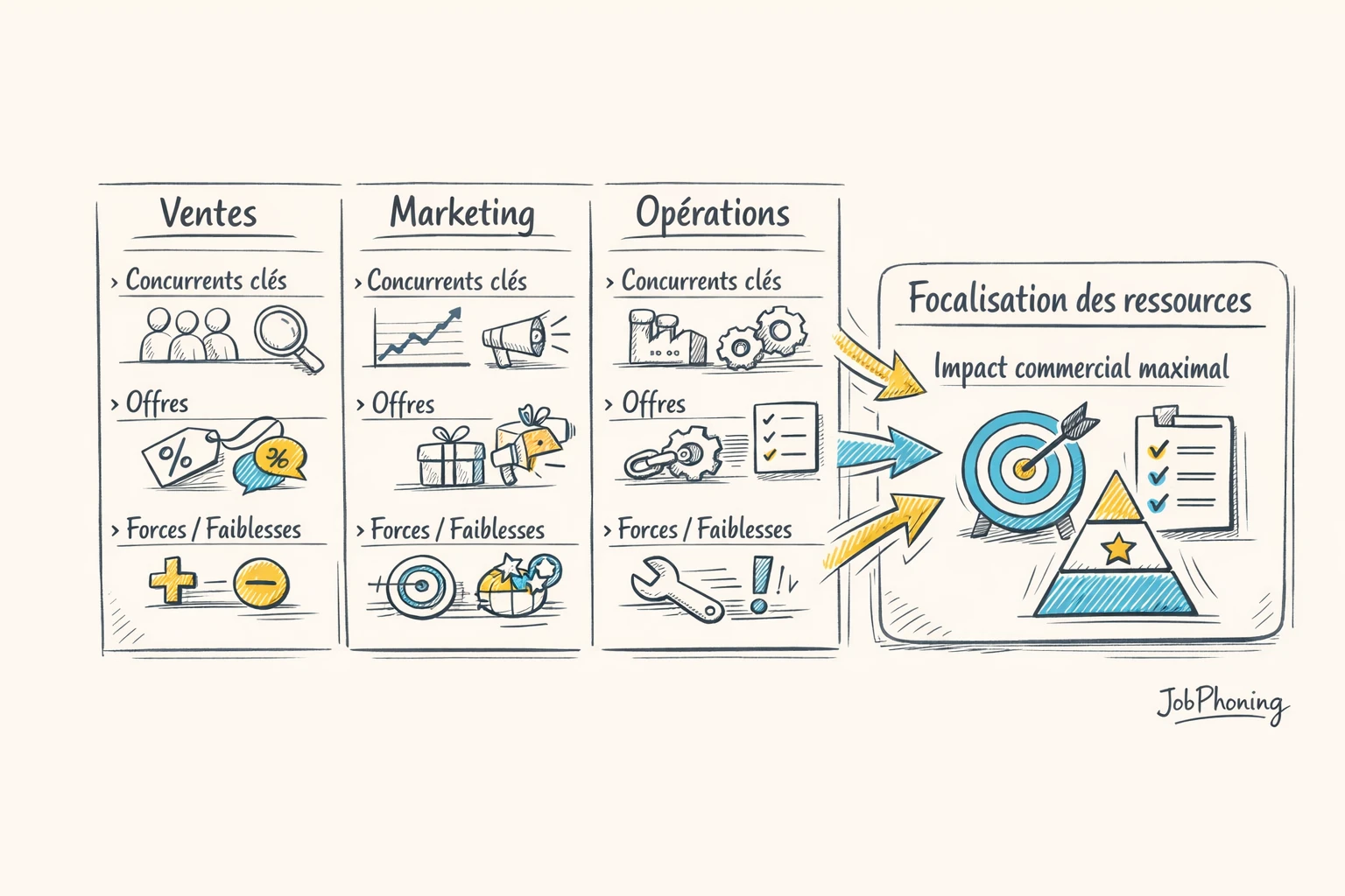 Schéma représentant la cartographie concurrentielle via un noyau central relié à plusieurs blocs d’équipes alignés