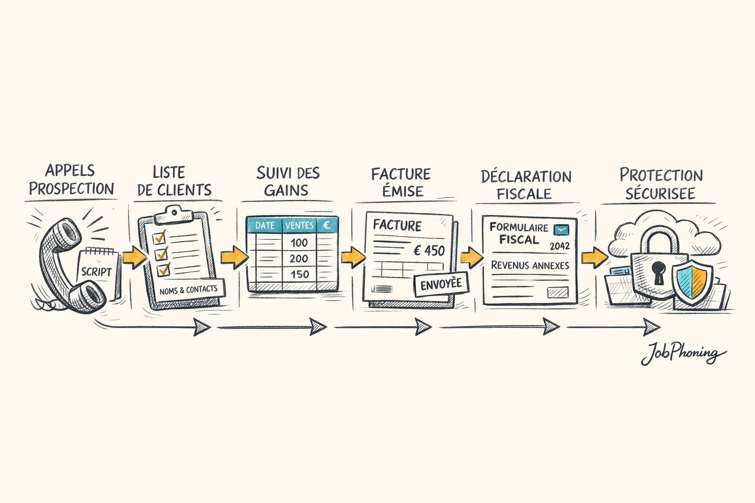 Schéma représentant la sécurisation d’un revenu d’appels B2B via enchaînement de blocs reliés par des