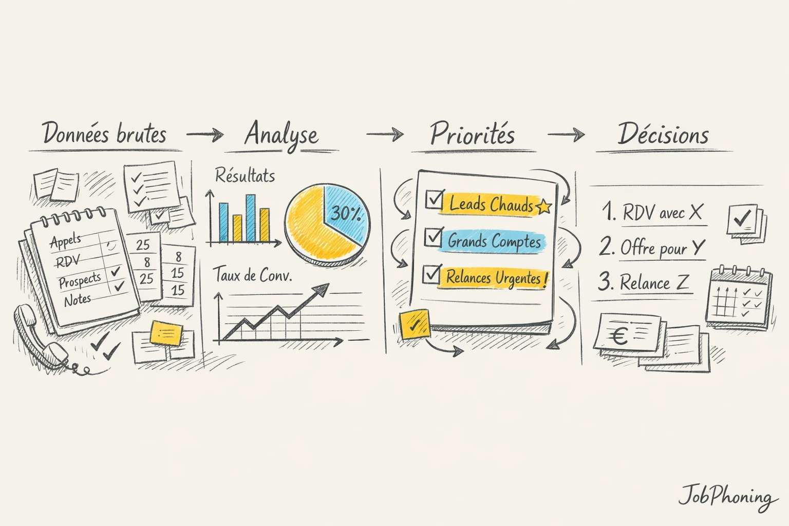 Schéma représentant la construction d’un tableau de bord quotidien via blocs reliés et flèches