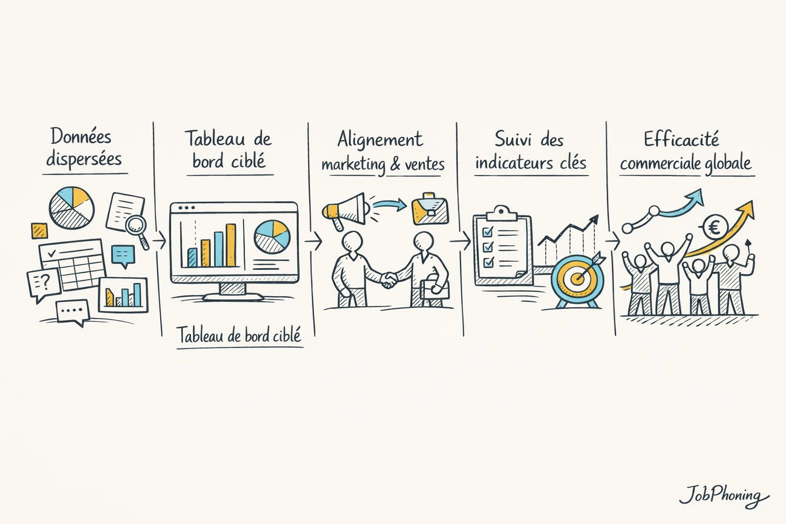 Schéma représentant la construction d’un tableau de bord de prospection via étapes reliées par flèches