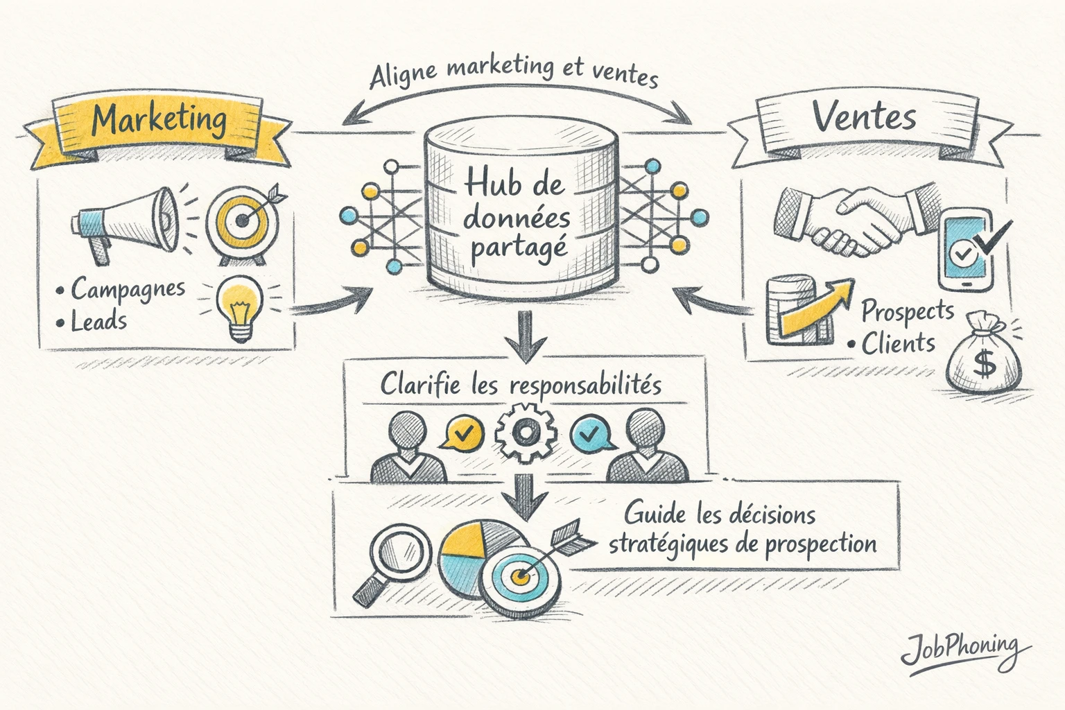 Infographie représentant la coordination des KPI de prospection via un hub central, deux colonnes d’activités