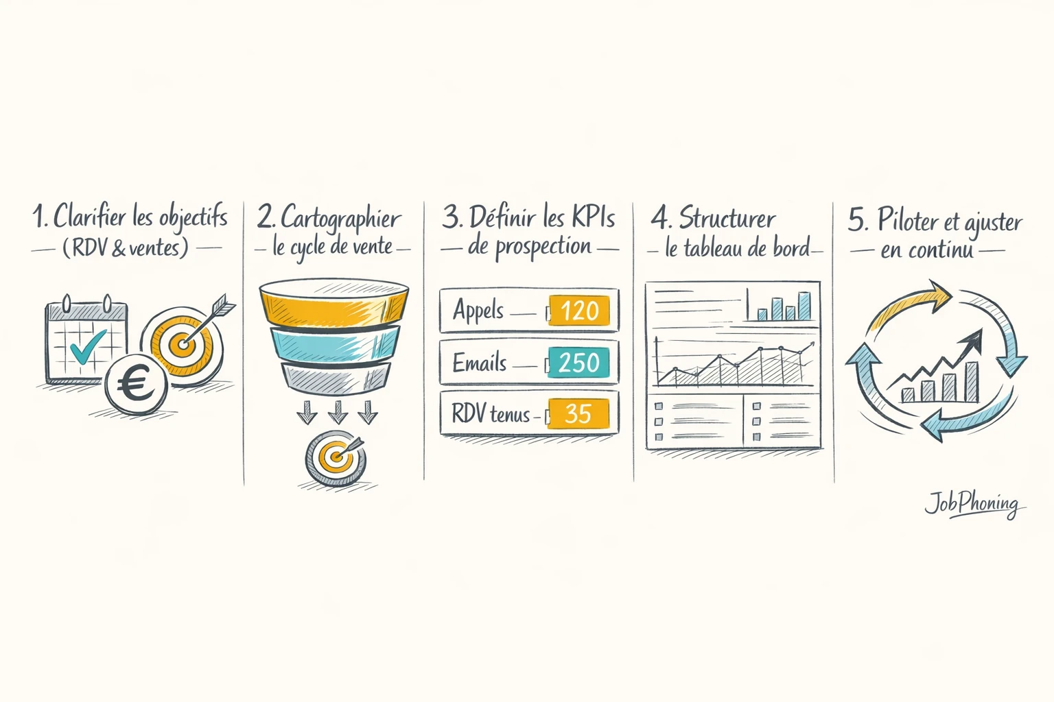 Schéma représentant la construction d’un tableau de bord SaaS via blocs reliés et flèches séquentielles