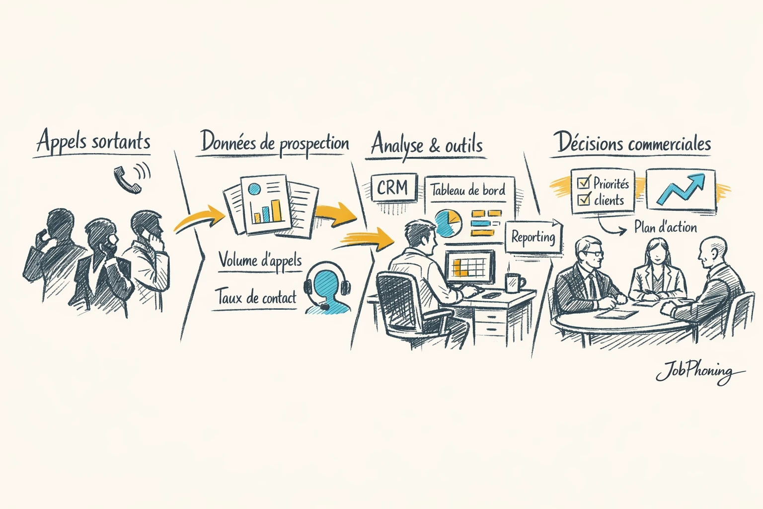 Schéma représentant une organisation commerciale alignée sur des indicateurs via cercles, colonnes et rectangles interconnectés