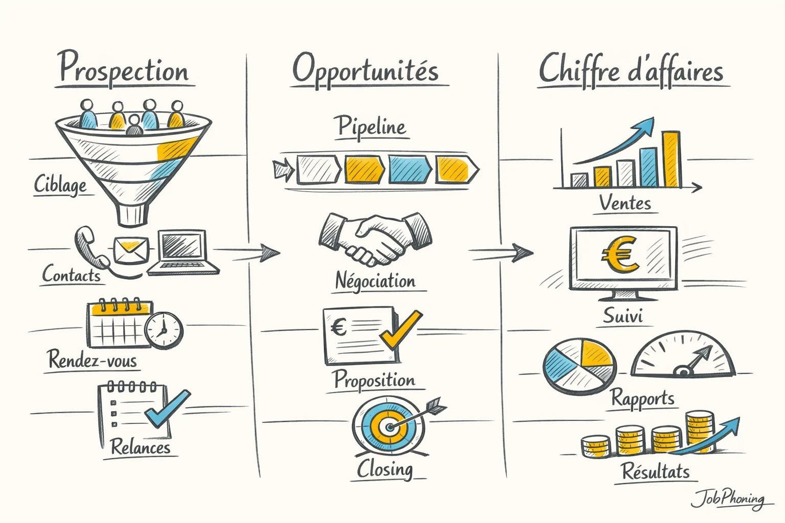 Schéma représentant le suivi de prospection B2B via un flux d’étapes reliées par des flèches