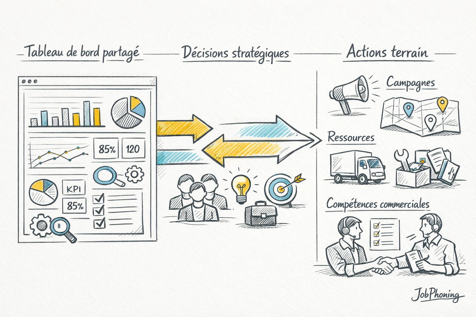 Infographie représentant l’intégration des indicateurs commerciaux via hub central, tableaux abstraits et flèches reliant niveaux