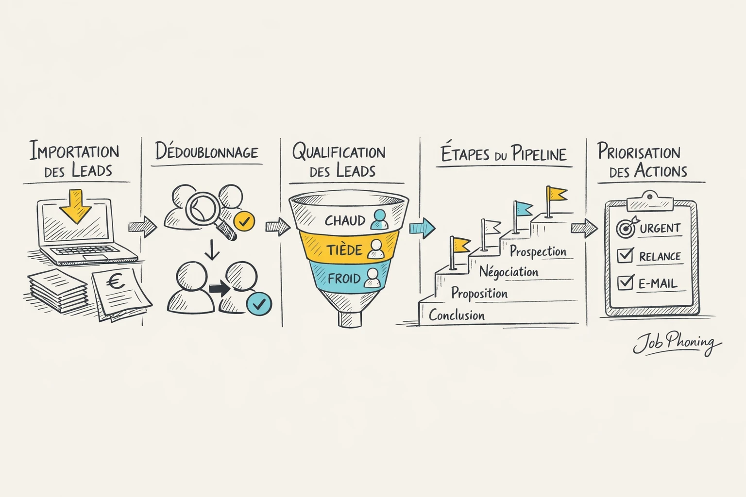 Schéma représentant le parcours des leads achetés via rectangles alignés et flèches épurées dans un