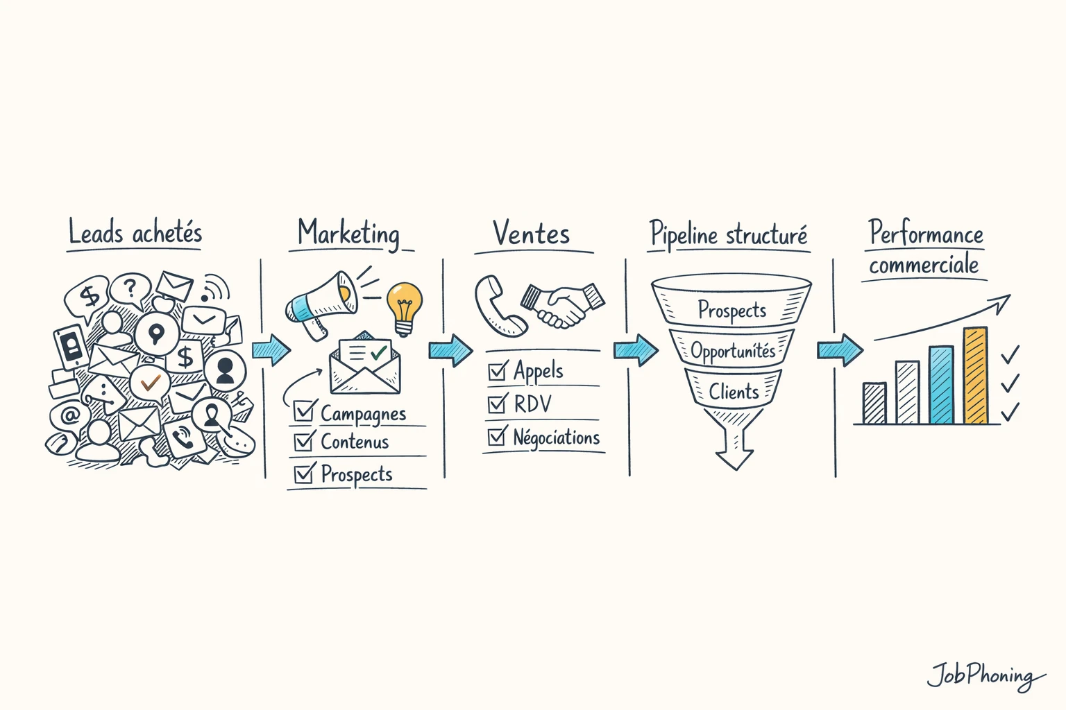 Schéma représentant la coordination marketing-ventes via un pipeline central, blocs reliés et flux de leads