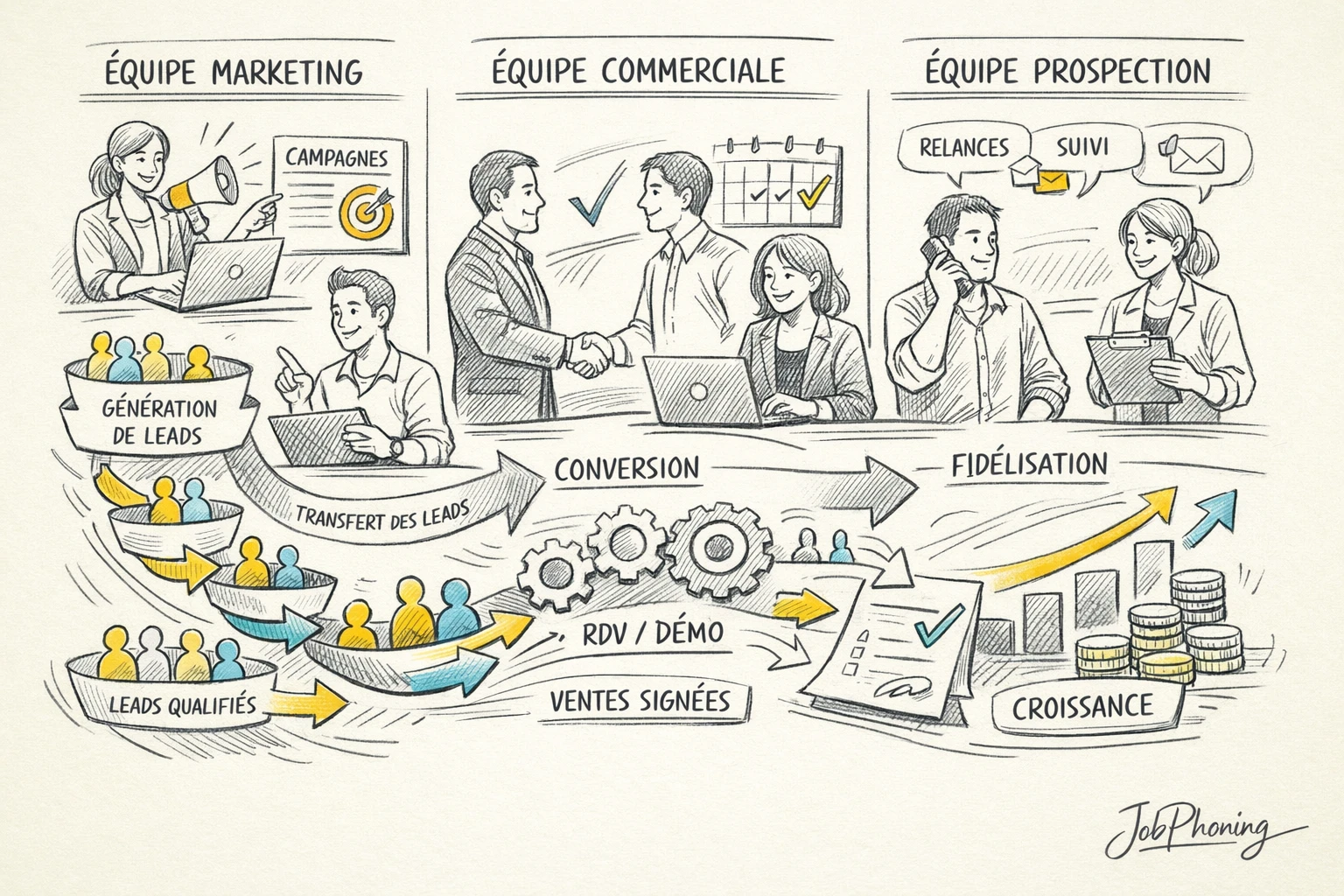 Schéma représentant la coordination marketing, prospection et vente via un pipeline segmenté et flux de