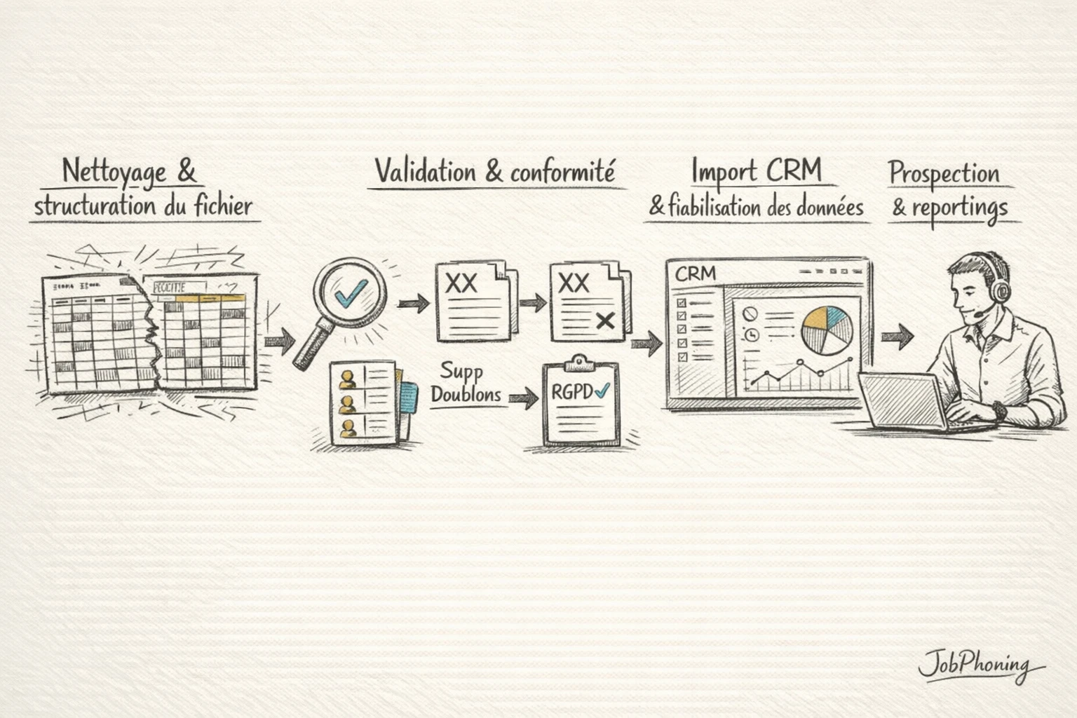 Schéma représentant la préparation d’un fichier B2B vers un CRM via étapes reliées et blocs