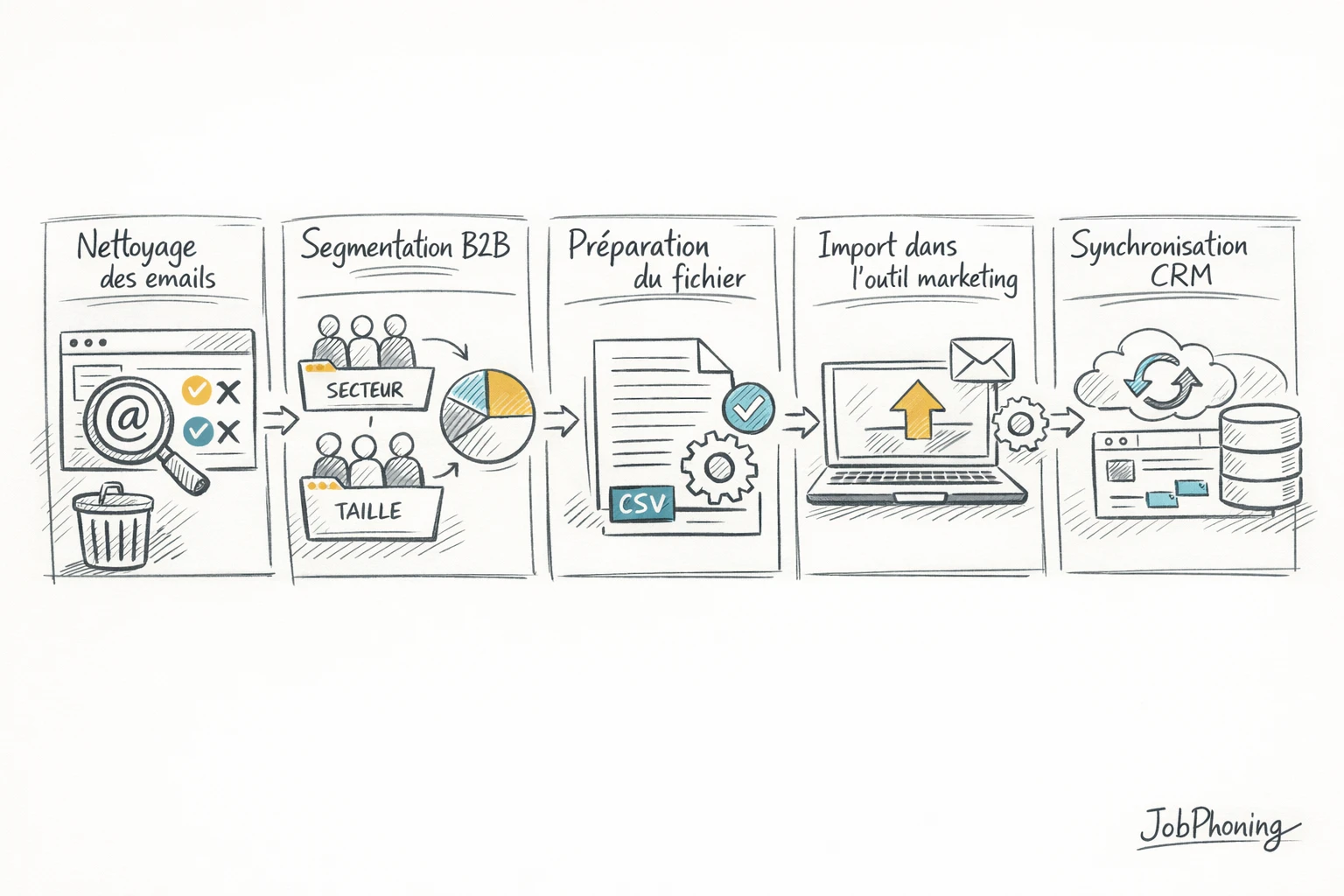 Schéma représentant la préparation d’un fichier email B2B via rectangles reliés et flèches séquentielles.