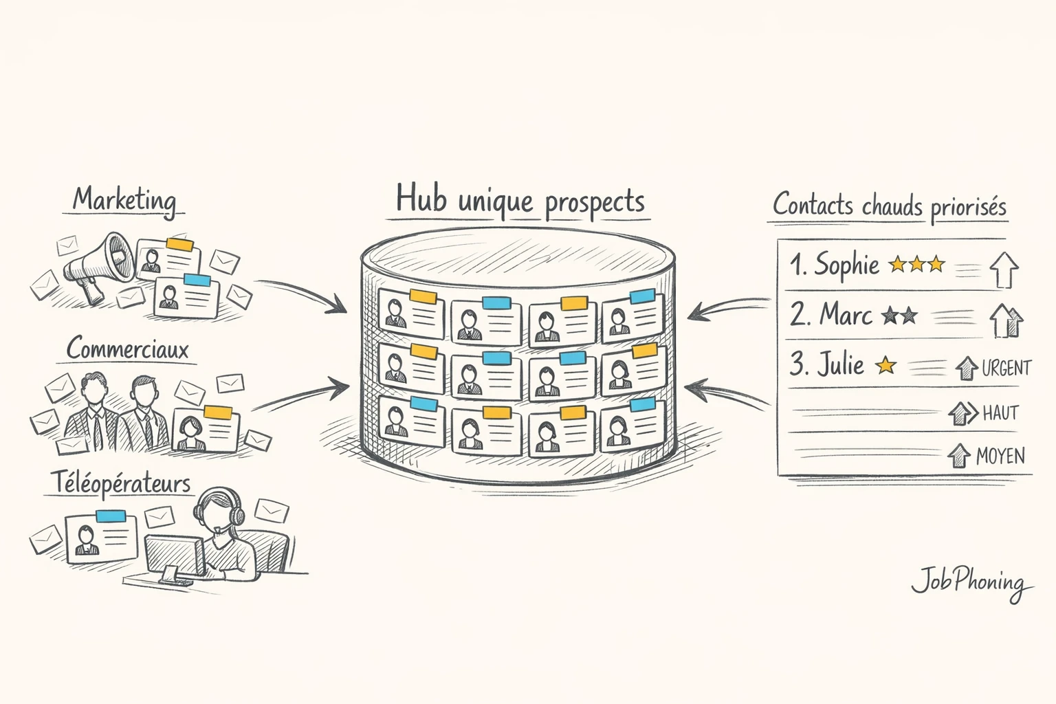 Schéma représentant l’alignement marketing, ventes et appels via un hub central de données B2B.