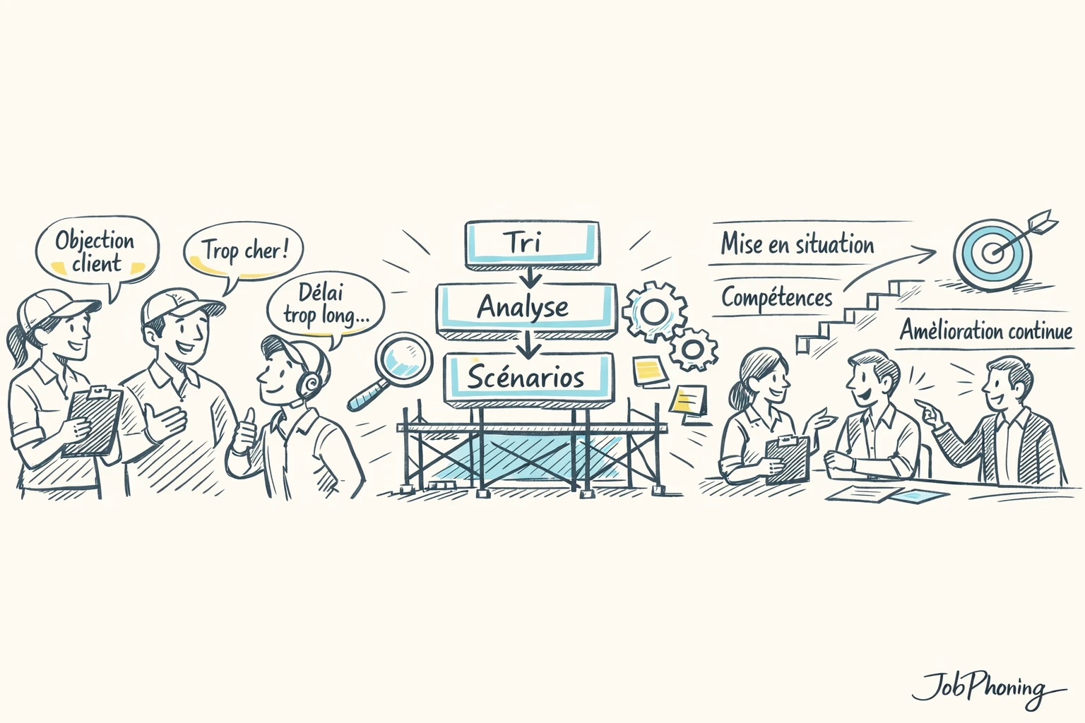 Schéma représentant la conception d’un module d’objections via enchaînement de blocs et flèches interconnectées.