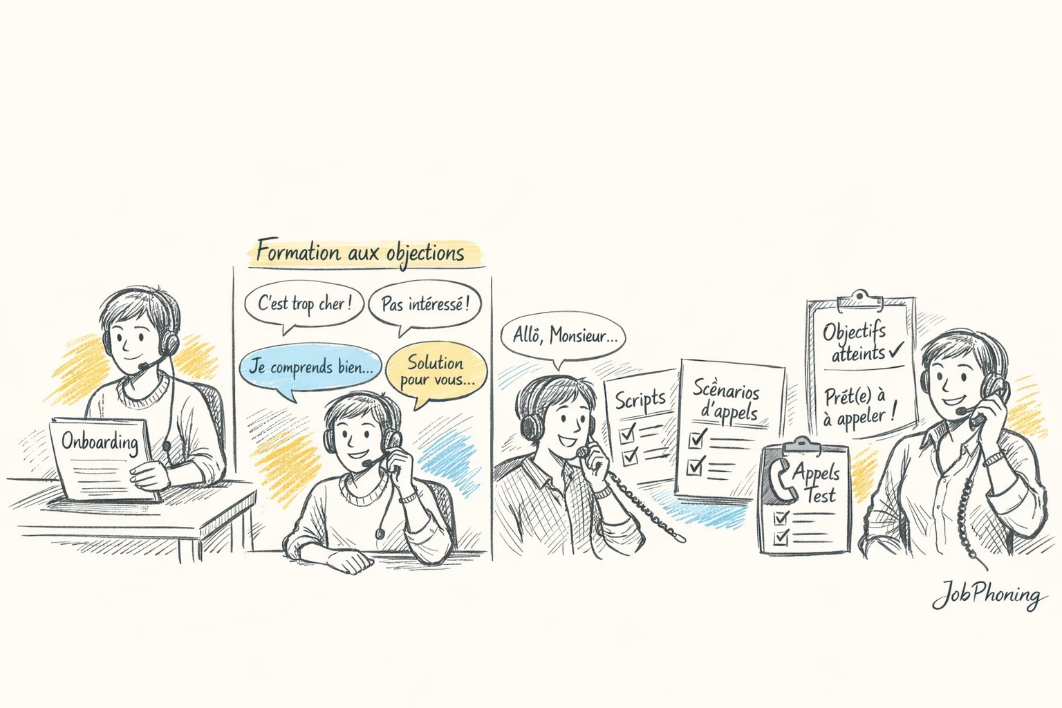 Schéma représentant un parcours d’onboarding commercial via étapes reliées et blocs colorés.