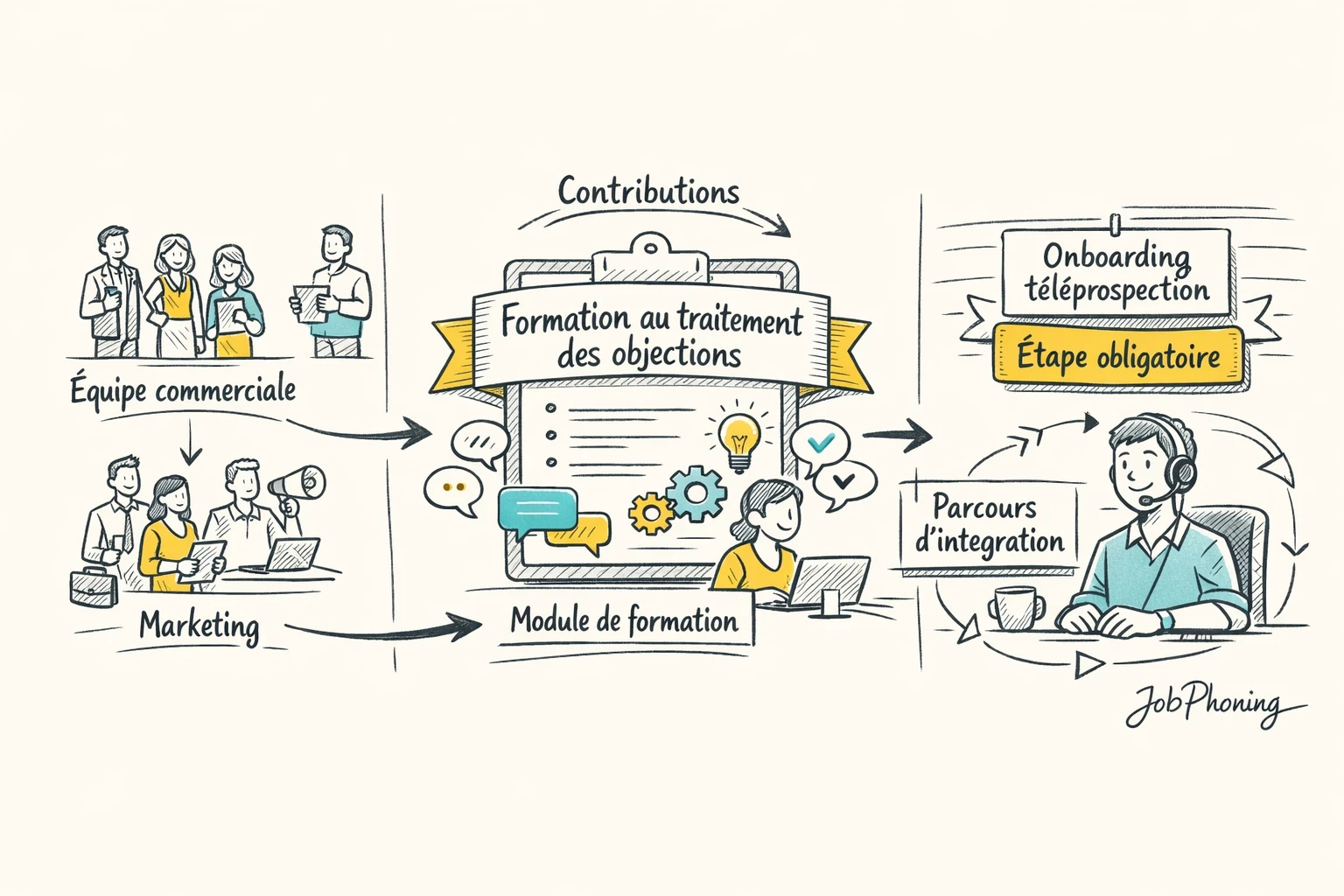 Schéma représentant l’intégration de la formation aux objections via hub central relié à pipeline d’onboarding