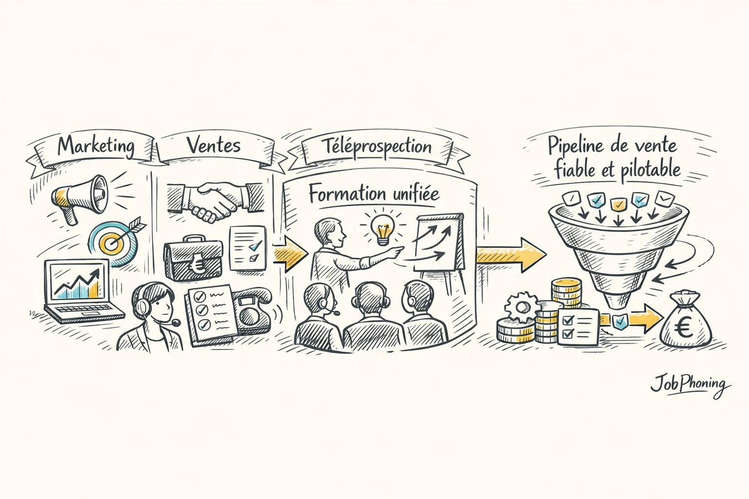 Schéma représentant la coordination qualification prospects via un noyau central relié à trois blocs et