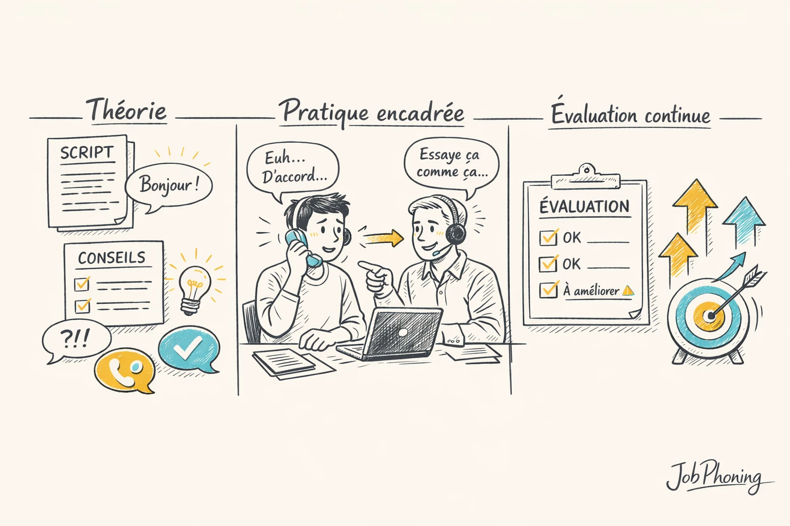 Schéma représentant un parcours de formation téléphonique via flèches, blocs, téléphone stylisé, CRM et calendrier.