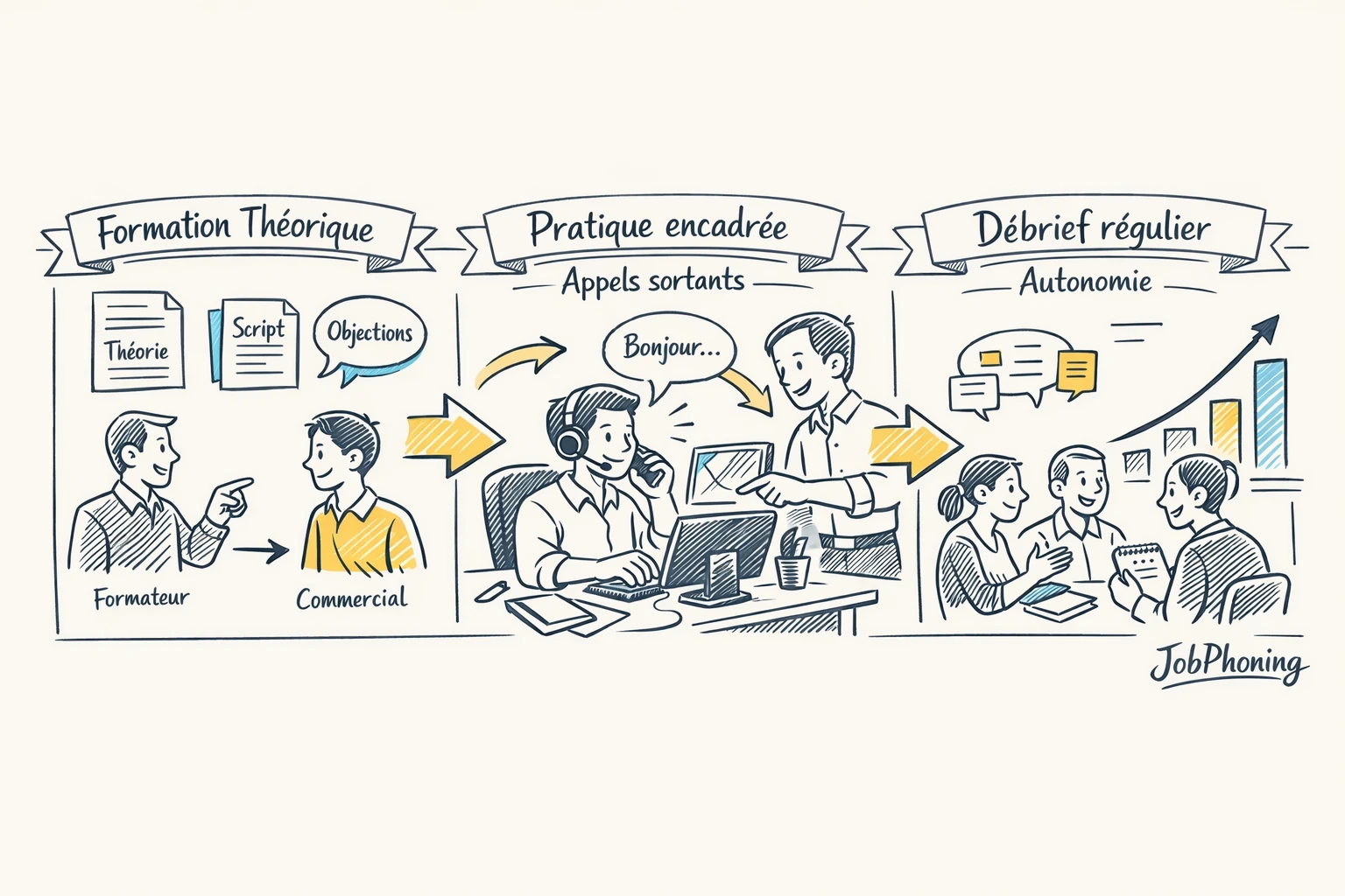 Schéma représentant un onboarding téléprospection structuré via blocs alternés, calendrier abstrait et pipeline géométrique.