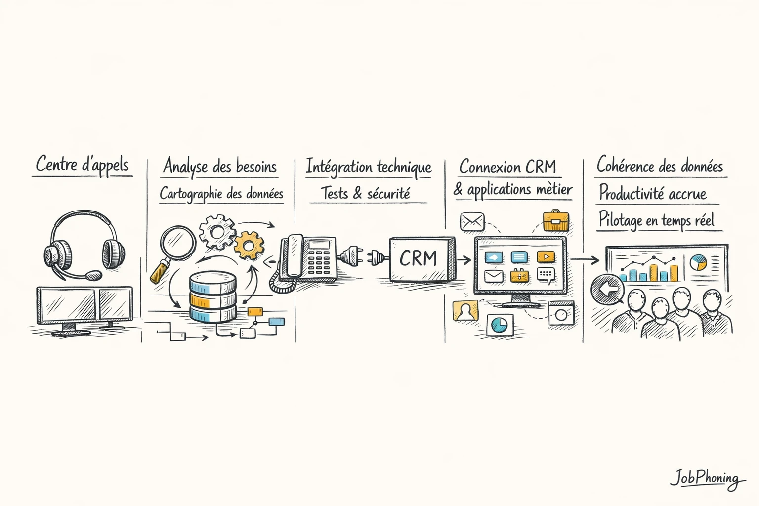 Schéma représentant l’intégration d’un centre d’appels avec CRM et applications via blocs reliés par flèches.