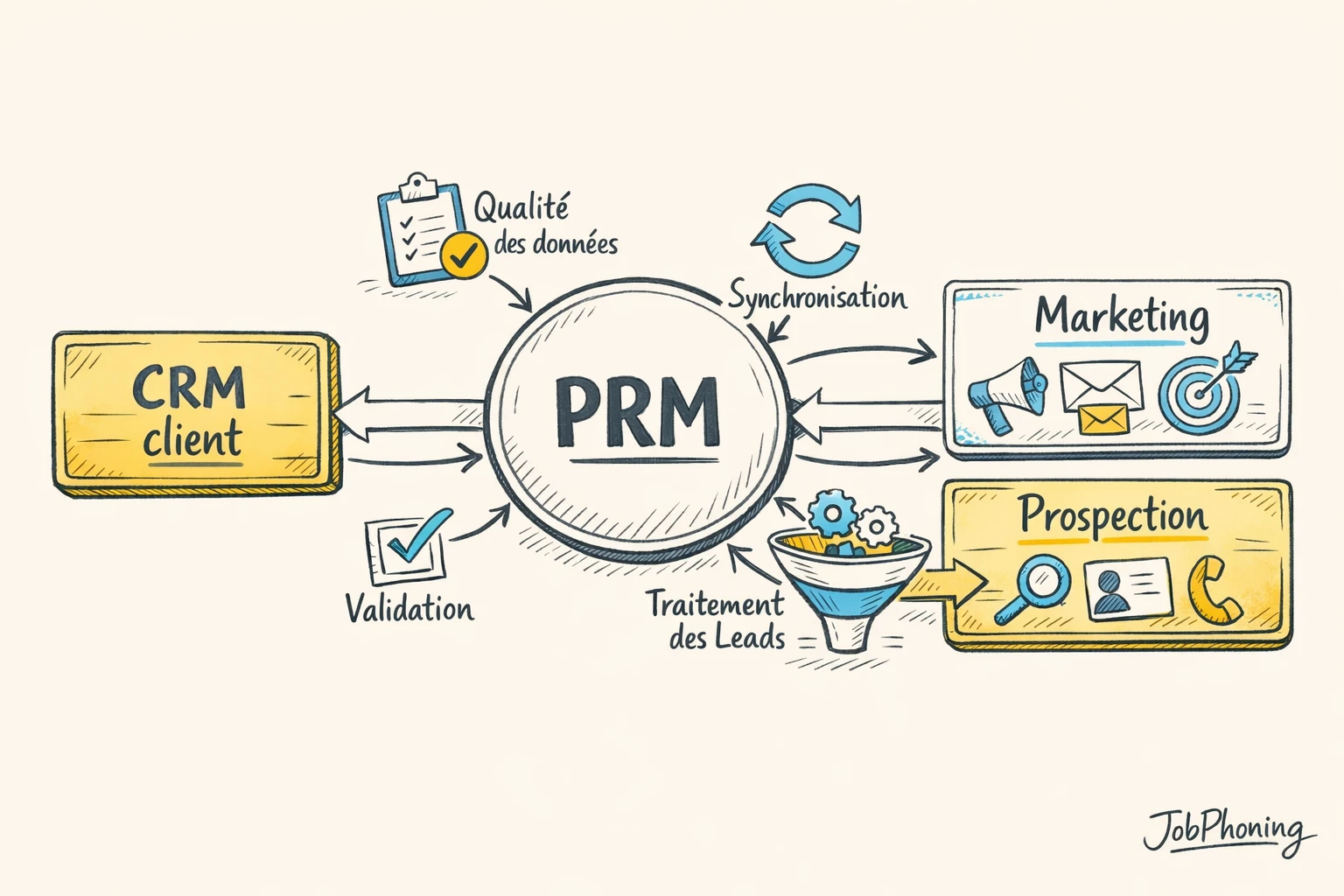 Schéma représentant l’architecture PRM-CRM-marketing via blocs interconnectés et flèches directionnelles épurées
