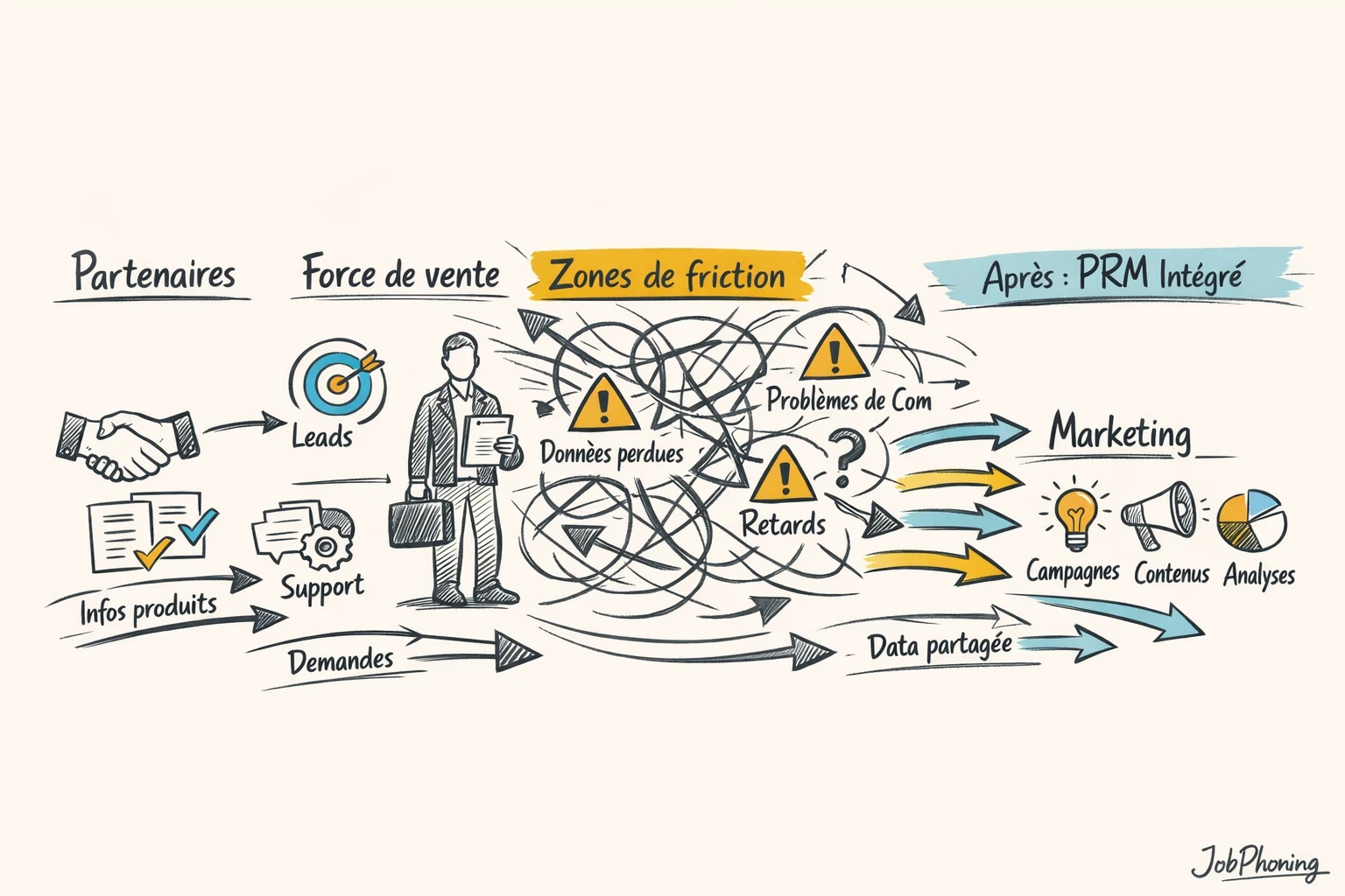 Schéma représentant les flux entre partenaires, ventes et marketing via nœuds reliés colorés.