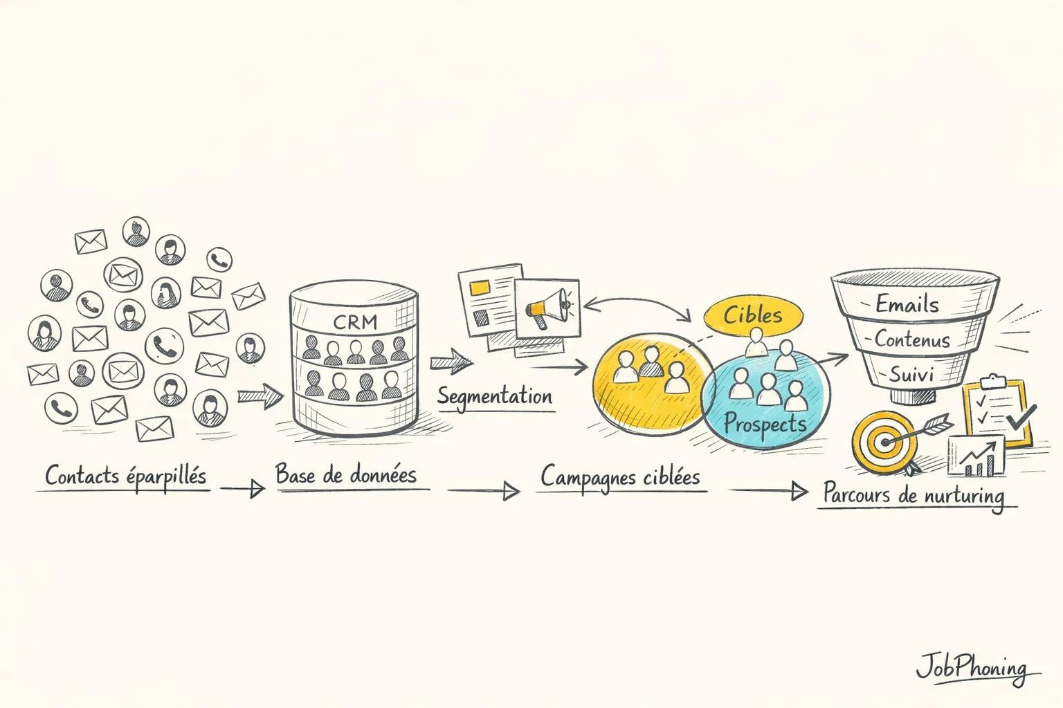 Schéma représentant un parcours de nurturing B2B via rectangles reliés, flèches et icônes abstraites alignés