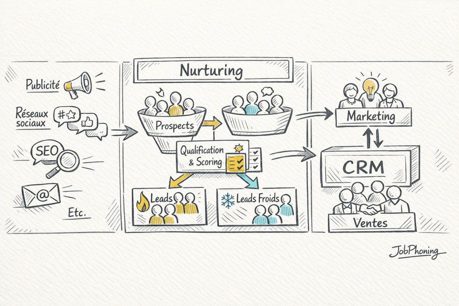Schéma représentant l’intégration du nurturing via sources, bande centrale et blocs CRM alignés