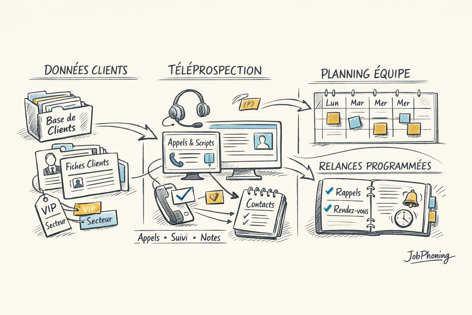 Schéma représentant la connexion CRM, phoning et calendrier via blocs reliés et icônes abstraites.