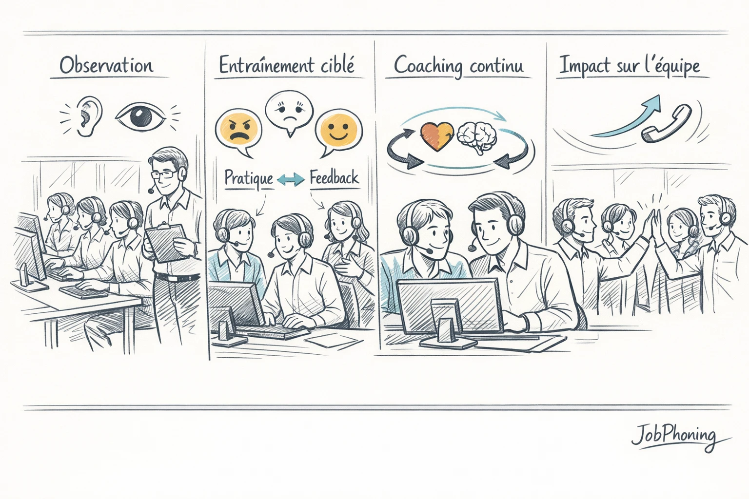 Schéma représentant le développement des compétences émotionnelles via un flux de rectangles reliés et icônes