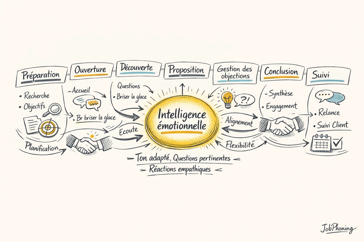 Schéma représentant l’intelligence émotionnelle en prospection via un noyau central connecté à plusieurs étapes d’appel.