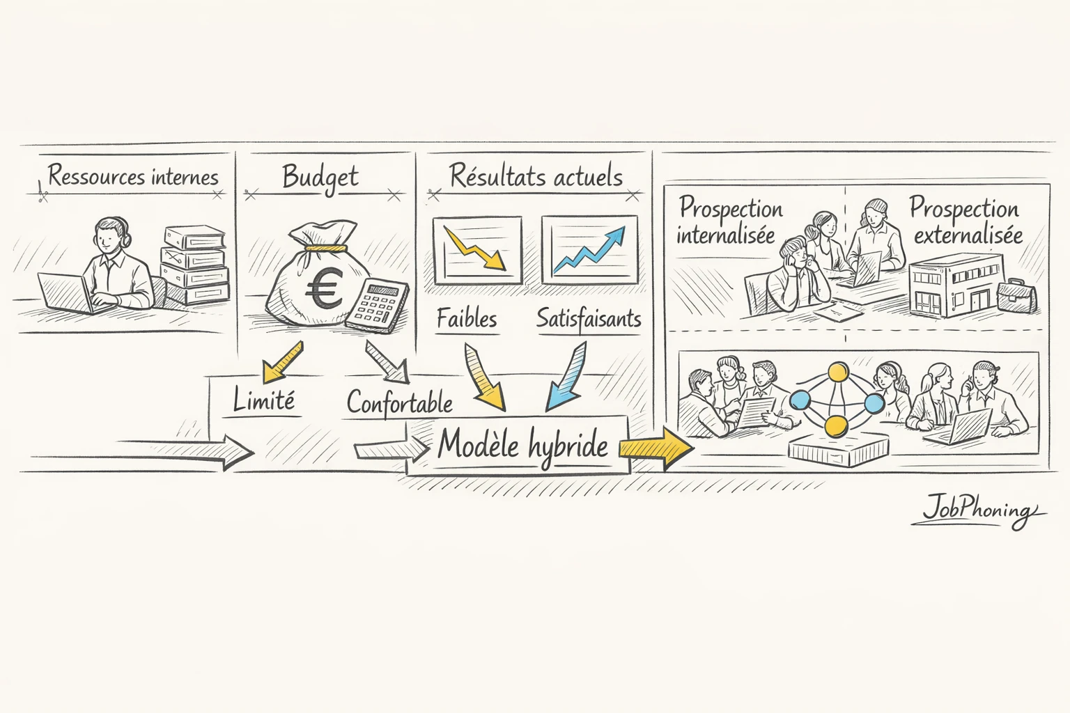 Schéma représentant la décision d’internaliser ou externaliser la prospection via un enchaînement de blocs reliés