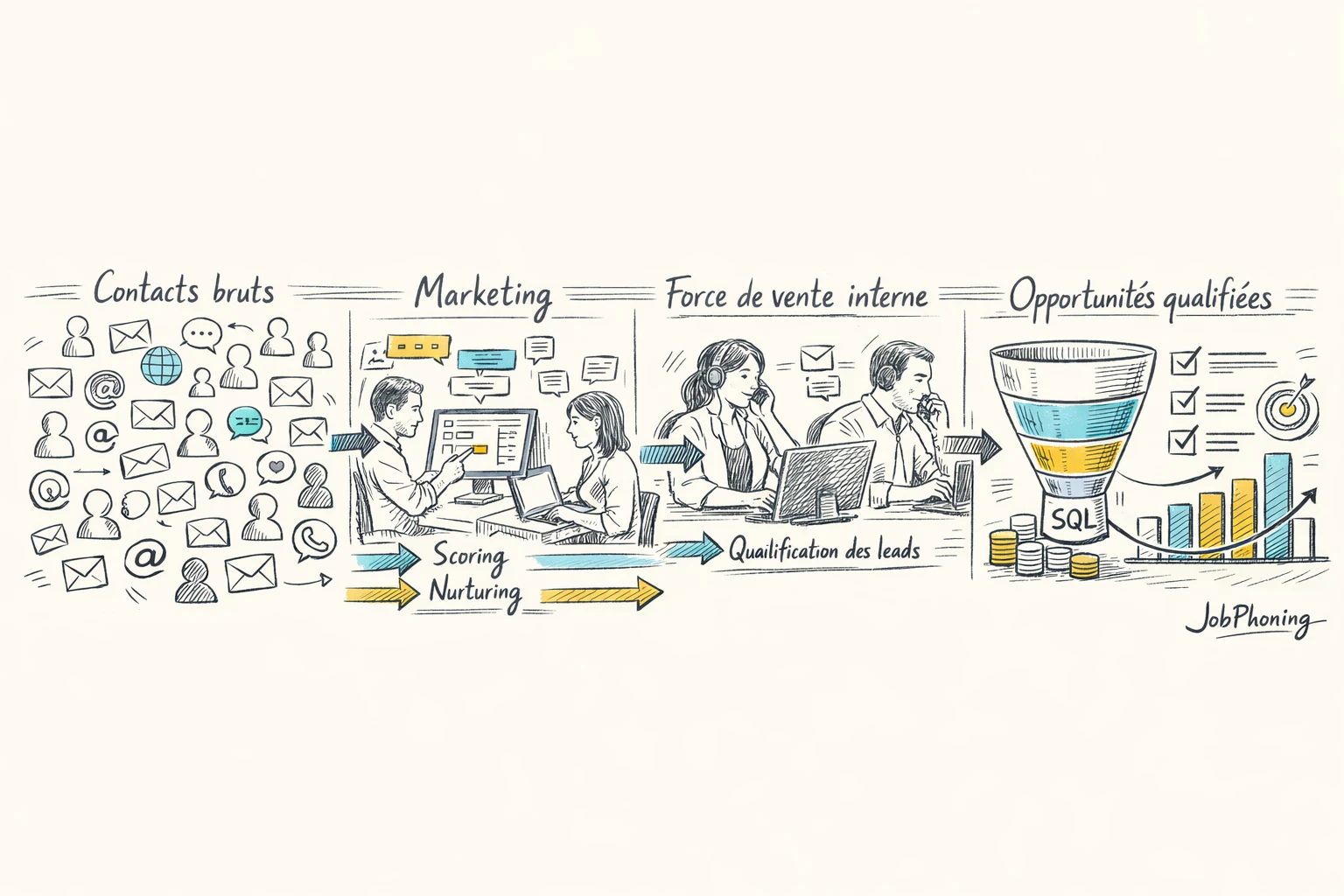 Schéma représentant la coordination marketing-ventes via deux pipelines colorés convergeant vers un entonnoir central.