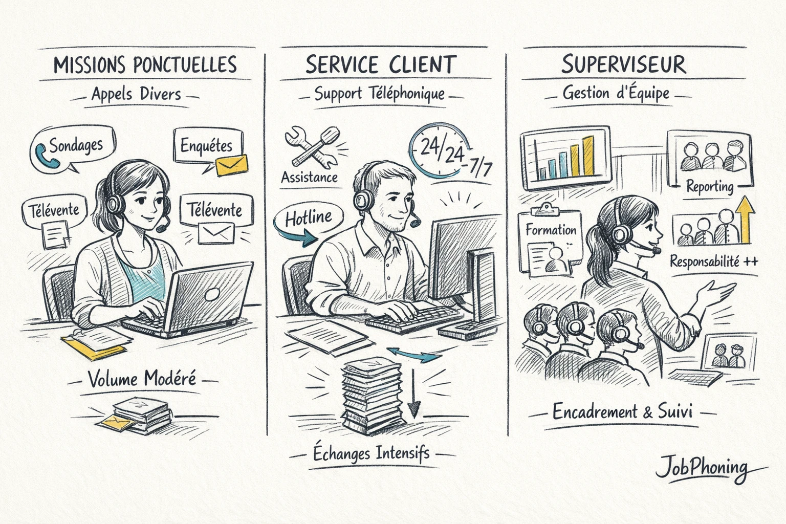 Comparaison des principaux formats de missions d'appels rémunérées en jobbing : décrocher un rendez-vous, mettre à jour des fichiers et mener des enquêtes.