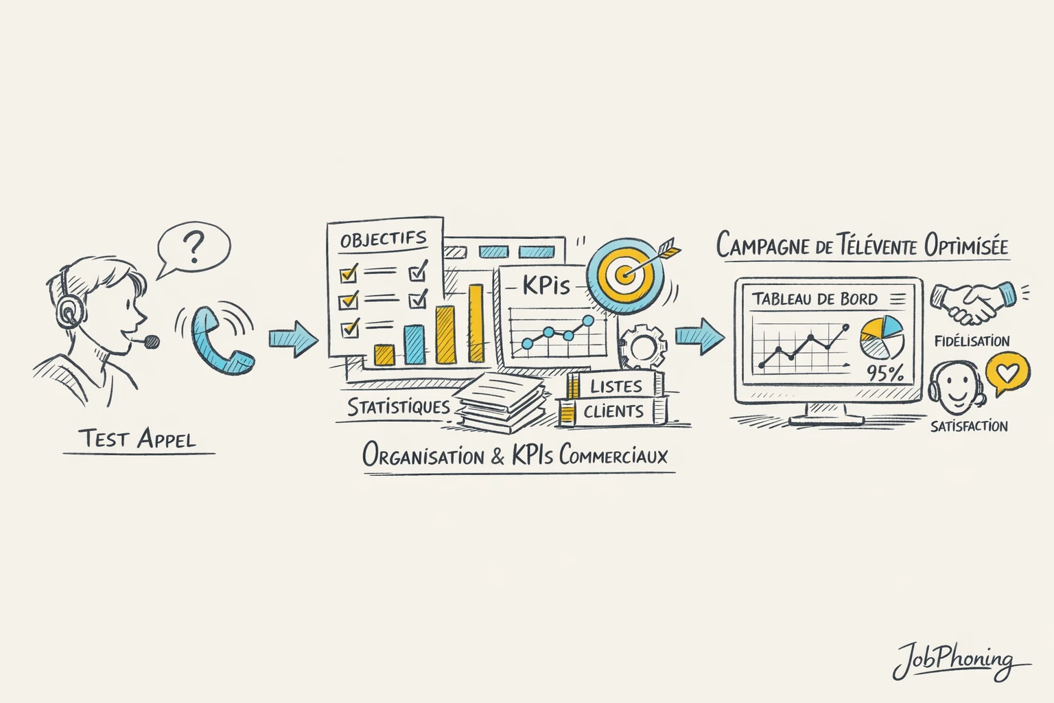 Schéma représentant la préparation d’une campagne de phoning via blocs reliés et flèches séquentielles