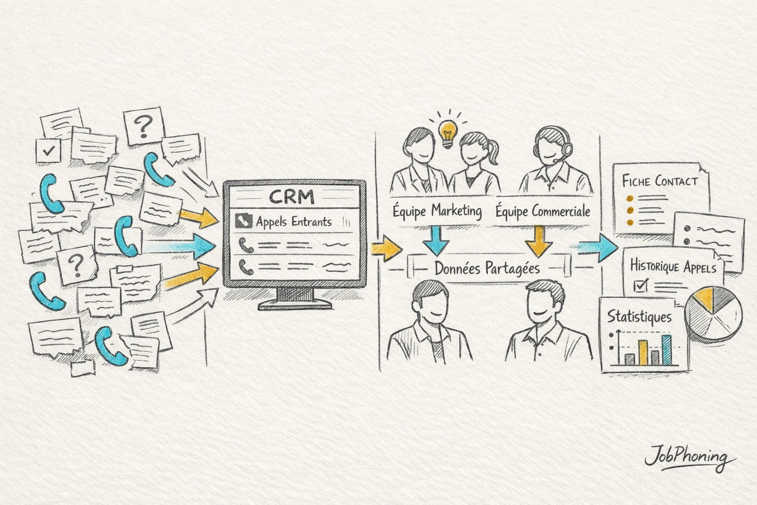 Infographie représentant l’intégration du phoning B2B via un CRM central relié aux équipes marketing et