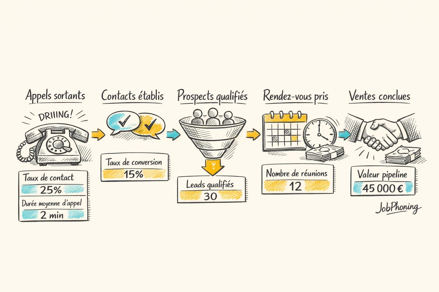 Schéma représentant le suivi d’indicateurs de performance via flèches, blocs alignés et pictogrammes abstraits de