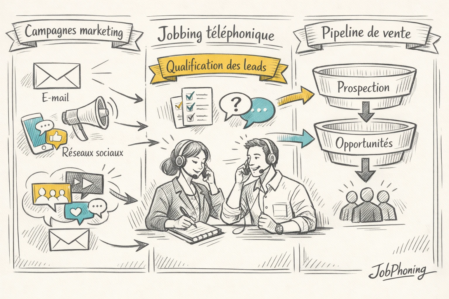 Schéma représentant l’articulation du jobbing téléphonique avec marketing et pipeline via hub central et segments